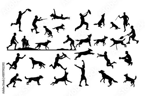 Dog interaction silhouette, walking dog, feeding dog, training dog, pet owner, dog behavior, black silhouettes, editable vector, dog clipart, animal icons, dog collection.
