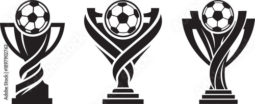 Set of stylized soccer trophy illustrations with footballs, symbolizing victory and sports achievement