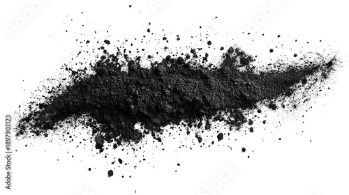 A dark, textured powder trail against a solid black background, resembling an abstract shape