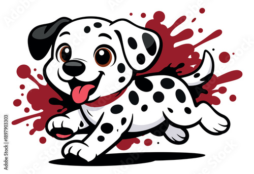 Cartoon illustration of a dalmatian puppy depicting joyful running for children's projects