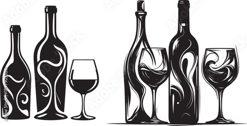 Stylized Wine Bottles and Glasses - Elegant Black and White Beverage Illustration