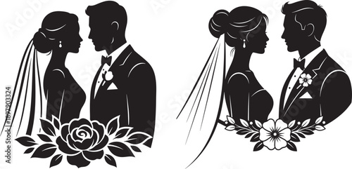 Elegant Bride and Groom Silhouette - Wedding Couple with Flowers