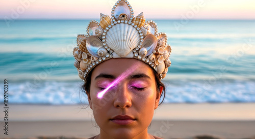 Woman Wearing Shell Crown on Beach with Abstract Light Effect