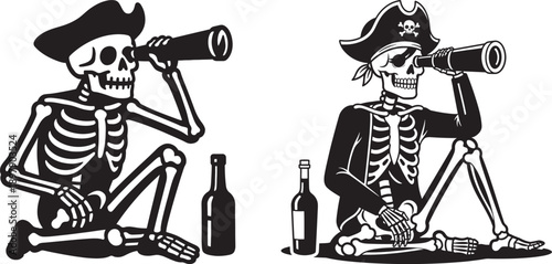 Pirate Skeletons with Telescopes and Rum Bottles - Nautical Adventure Illustration