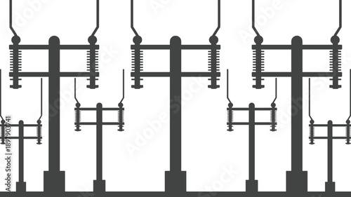A close up of electrical switchgear components and insulators arranged in a repeating pattern electricity