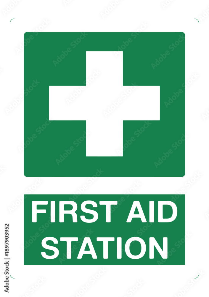 Fototapeta premium Green first aid station medical sign with white cross icon and bold typography on transparent background for healthcare facility use