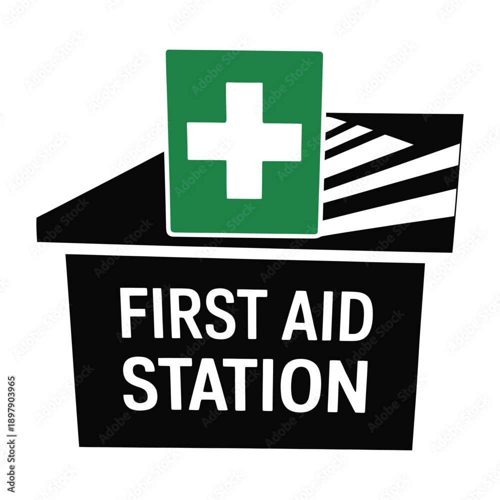 Obraz premium Black and green first aid station box sign with medical cross icon on transparent background for emergency safety equipment design