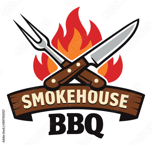 Graphic illustration of a smokehouse BBQ logo depicting crossed knife and fork with flames for restaurant branding