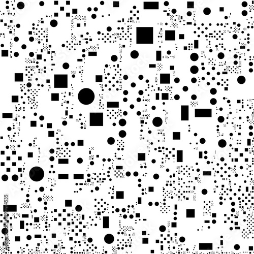 Abstract binary scatter of black squares, circles, dots and rectangles on white background, forming chaotic pixel grid with varying densities, suggesting big data point clouds