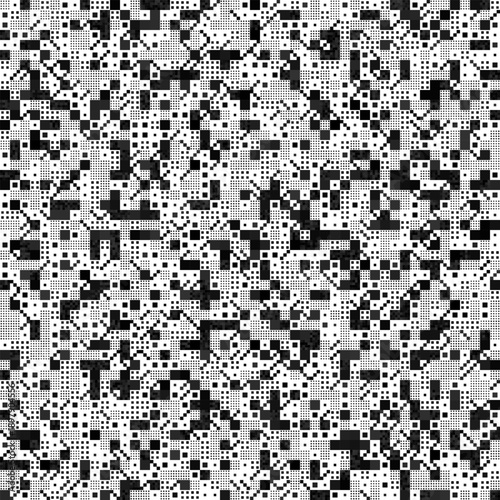 Chaotic black-white pixel mosaic of irregular squares and rectangles in varying sizes, forming noisy checkerboard-like grid with fragmented blocks, evoking big data fragmentation 