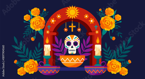 Day of the Dead altar vector illustration with floral decor and sugar skull