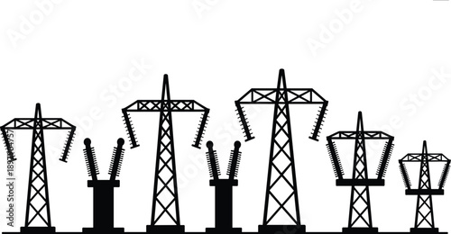 Array of high-voltage electrical transmission towers and substation transformers in silhouette against a white background representing power infrastructure