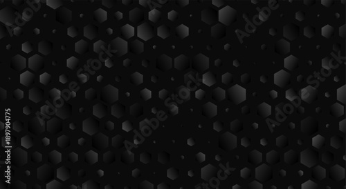 A monochromatic dark grey and black vector pattern featuring a dense grid of hexagonal tiles with varying heights and shadows, creating a 3D honeycomb or carbon fiber effect.