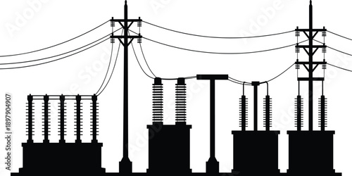 Complex electrical substation scene with transformers and power lines in silhouette against a white background illustrating energy distribution networks
