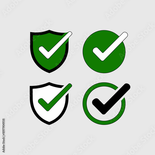Set of green and black checkmark icons with shield symbols.