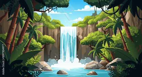 Beautiful Jungle Waterfall Vector Illustration with Lush Greenery and Tropical Trees