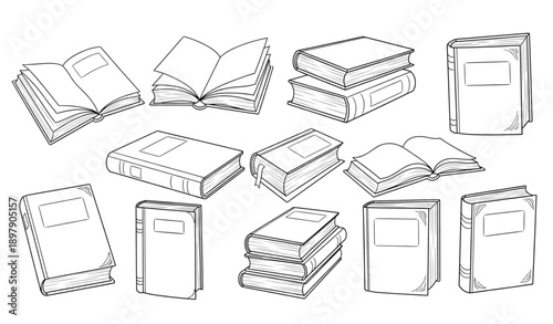 Hand Drawn Book Sketch Icons Set with Open and Closed Books and Textbook Stacks