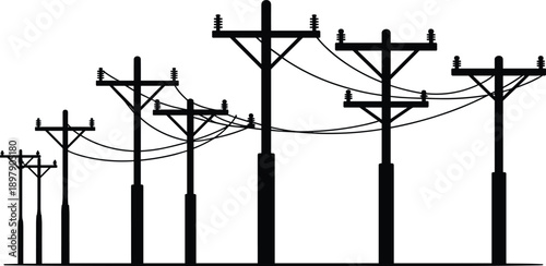 Diverse electricity poles of varying heights and with tangled power lines creating a complex network silhouette