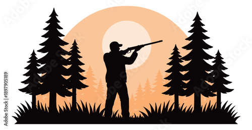 Graphic silhouette illustration of a hunter depicting aiming a rifle in a forest for outdoor sport