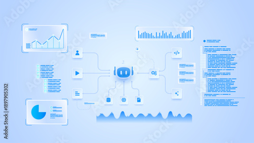 AI workflow automation artificial intelligence. ai agent network diagram showing data processing, analytics panel, coding and automation system.