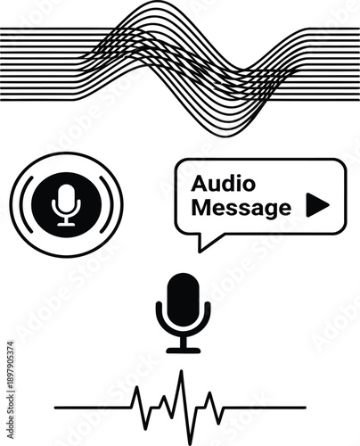 Audio Recording Icon Set Featuring Microphone, Podcast Symbols, Sound Waveforms, Voice Notes, Retro Cassette Tape, and Digital Media Player Interface Elements
