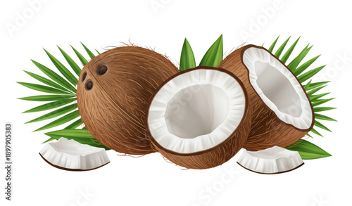 Coconut realistic vector illustration set with cracked coconuts and palm leaves for packaging design