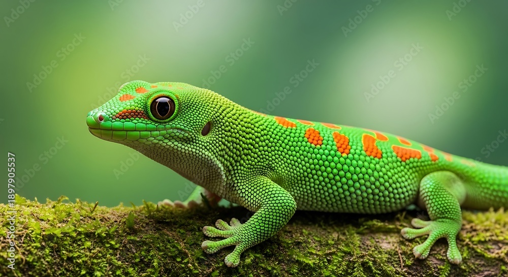 Fototapeta premium Vibrant Green Gecko with Orange Spots Perched on a Mossy Branch in Natural Sunlight
