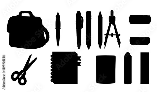 Cartoon school stationery vector icons set with backpack notebook calculator and learning tools