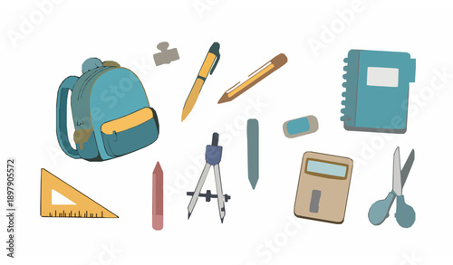 Kids school stationery vector illustration set with backpack pencils notebook and study supplies