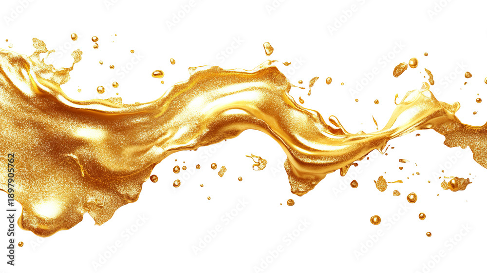 Fototapeta premium Golden liquid splashing across a black background, with droplet details