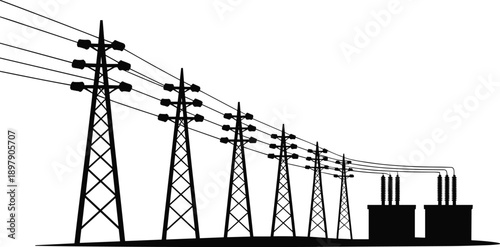 Silhouette of a row of electricity pylons and transformers stretching into the distance against a white background
