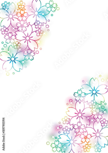 桜線画、背景、イラスト、虹色、キラキラ、かわいい、縦