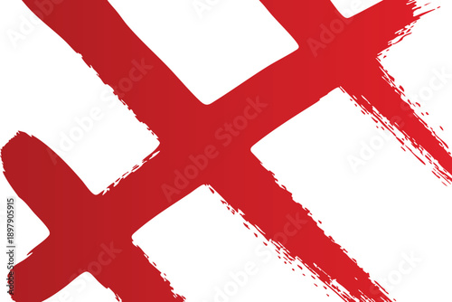 A bold red cross symbol on a clean white background with artistic brushstrokes