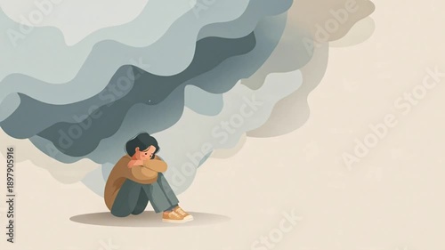 Minimalist illustration of a teen struggling with mental health sitting alone on the floor