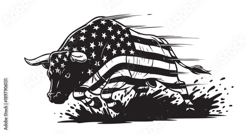 Aggressive bull charging with American flag pattern texture