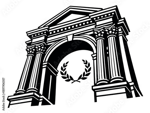 Line art illustration of a triumphal arch depicting a laurel wreath for historical and celebratory context