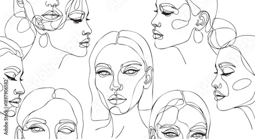 Collection of diverse female face sketches with expressive line art details