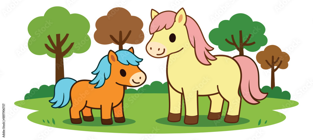 Obraz premium Cute line art cartoon illustration of two adorable ponies depicting them standing happily together in nature for kids' animal themes