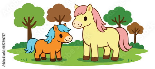 Cute line art cartoon illustration of two adorable ponies depicting them standing happily together in nature for kids' animal themes