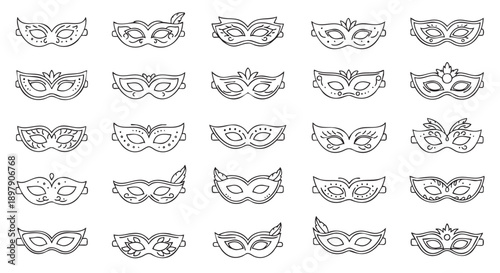 Collection of elegant hand drawn masquerade mask designs in various styles