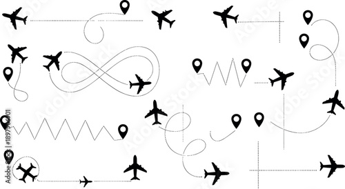 Black airplane flight paths set with dotted lines and map pointers, travel route icons vector illustration, aircraft navigation tracking elements for tourism design