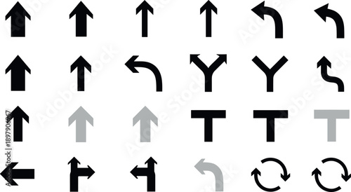 Black arrow icon set, vector navigation symbols collection, direction signs with straight, curved, turning, and refresh pointers for infographic, web interface, and app design