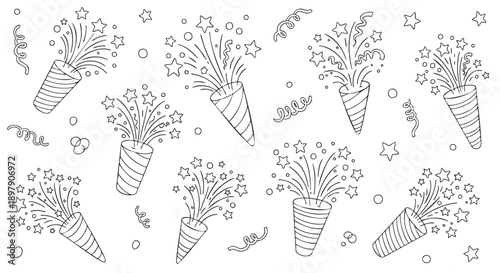 Collection of hand drawn striped party poppers with confetti isolated