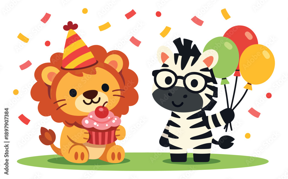 Fototapeta premium Cute cartoon illustration of a lion and zebra depicting a party with a cupcake and balloons for a birthday event
