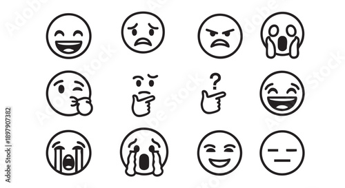Collection of black and white emoji outlines expressing various emotions