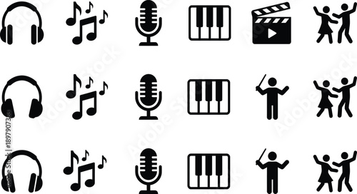 Music and Entertainment Icon Set Featuring Headphones, Musical Notes, Microphone, Piano Keys, Movie Clapperboard, Orchestra Conductor, and People Dancing Silhouettes