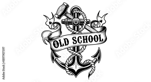 Old School Traditional Tattoo Design: Nautical Anchor, Rope, and Gavel with "Old School" Banner Vector Illustration