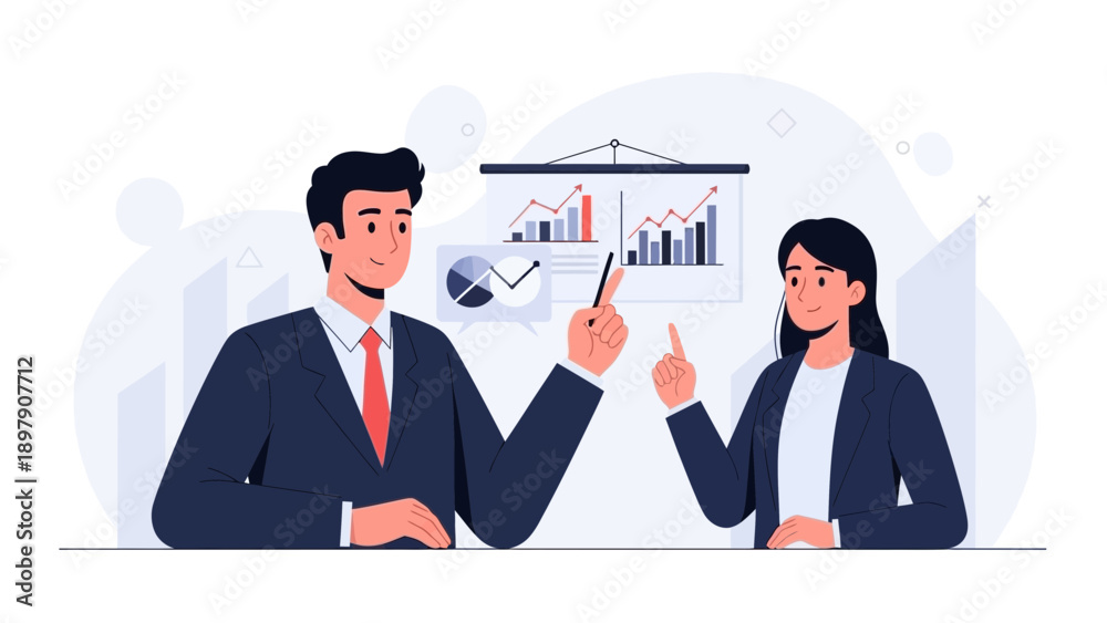 Fototapeta premium Business Meeting: Man and Woman Presenting Financial Data on Screen