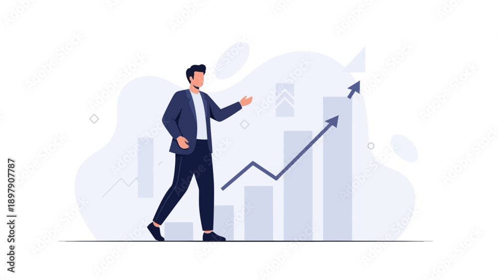 Fototapeta premium Businessman walking by rising graph, financial growth and success concept