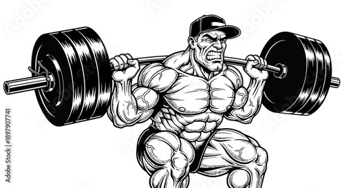 Intense Bodybuilder Performing Heavy Barbell Squat. Muscular Man Weightlifting Workout Illustration in Black and White.
